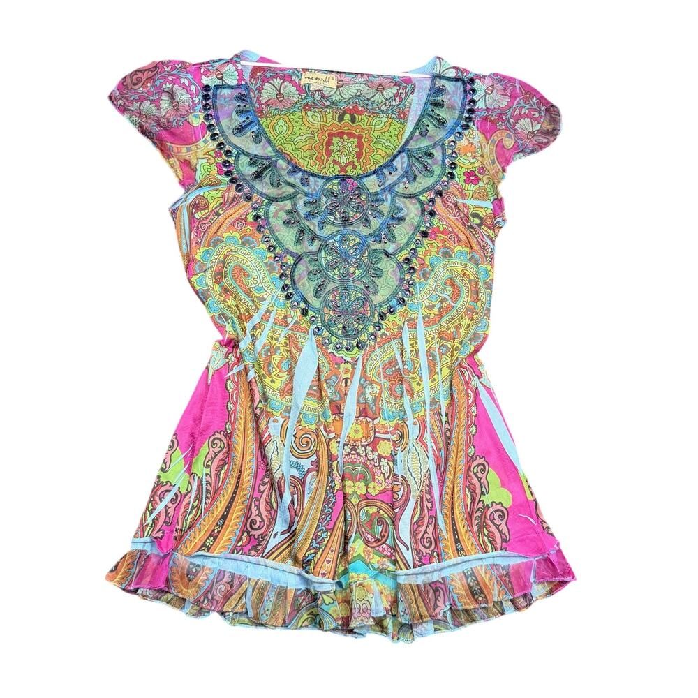 One World "Live and Let Live" Boho Paisley Embellished Cap Sleeve Top